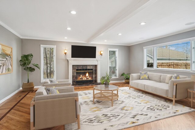 1019 Rockland Rd, Lake Bluff, IL 60044 - living area featuring recessed lighting, ornamental molding, a fireplace, and wood finished floors