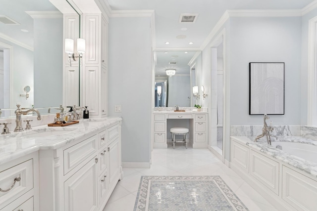 bathroom with a bath, visible vents, and crown molding