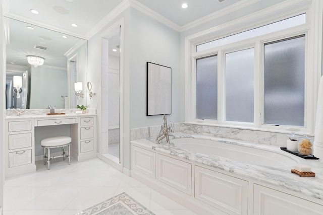 bathroom featuring tile patterned floors, crown molding, vanity, a bath, and visible vents
