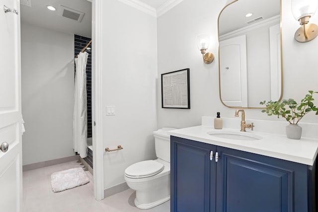 full bathroom with visible vents, toilet, vanity, and ornamental molding