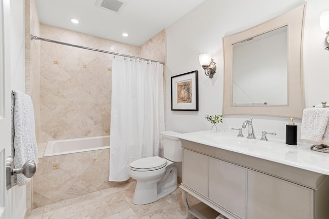 bathroom with toilet, tiled shower / bath combo, vanity, visible vents, and recessed lighting