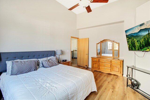 11042 Quail Dr, Mokena, IL 60448 - bedroom featuring high vaulted ceiling, light wood-style floors, and ceiling fan
