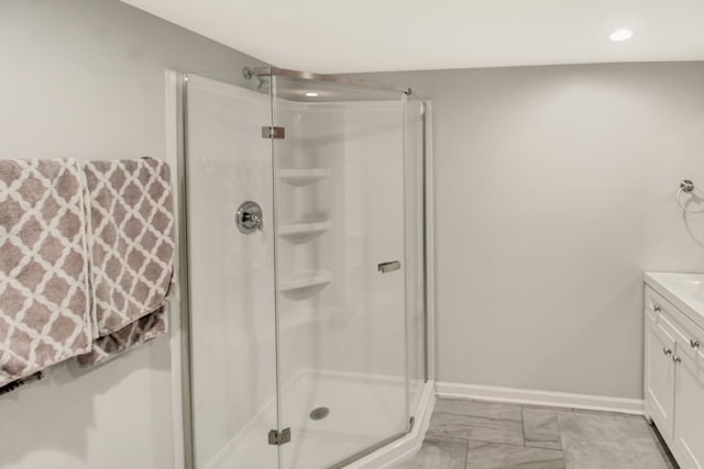 11042 Quail Dr, Mokena, IL 60448 - full bathroom with vanity, recessed lighting, baseboards, a shower stall, and marble finish floor