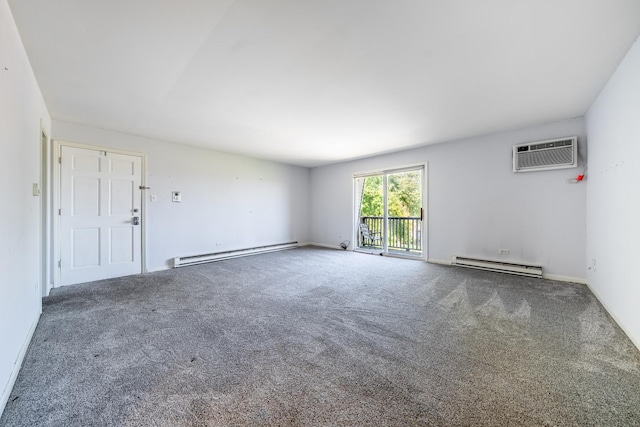 unfurnished room featuring baseboards, a wall mounted AC, a baseboard heating unit, and carpet