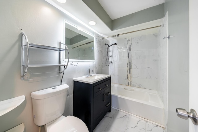bathroom featuring marble finish floor, shower / tub combination, toilet, and vanity