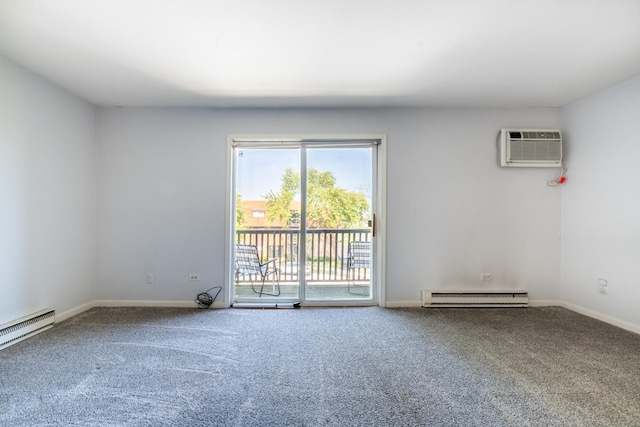 carpeted empty room with baseboards, a wall unit AC, and a baseboard heating unit