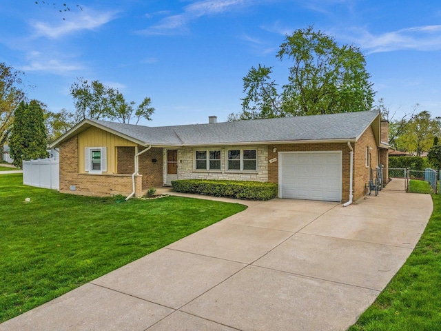 ranch-style home with a gate, a garage, brick siding, and driveway