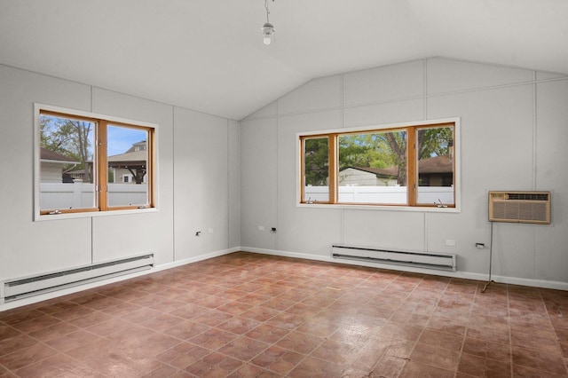 769 Bonita Ave, Elk Grove Village, IL 60007 - additional living space with a baseboard radiator, a wall mounted air conditioner, baseboard heating, plenty of natural light, and lofted ceiling