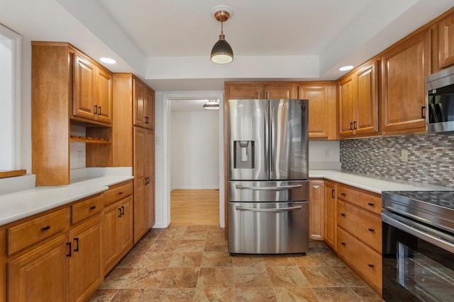 kitchen with light countertops, decorative light fixtures, open shelves, stainless steel appliances, and decorative backsplash