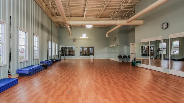 exercise room featuring a high ceiling and wood finished floors