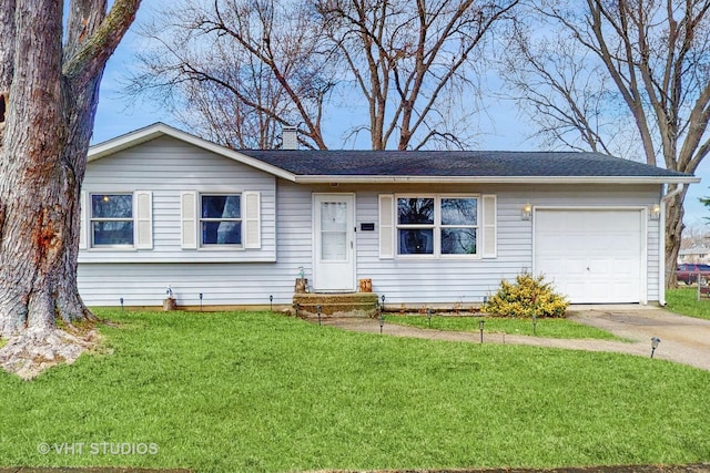 single story home featuring a front lawn, a garage, a chimney, roof with shingles, and concrete driveway
