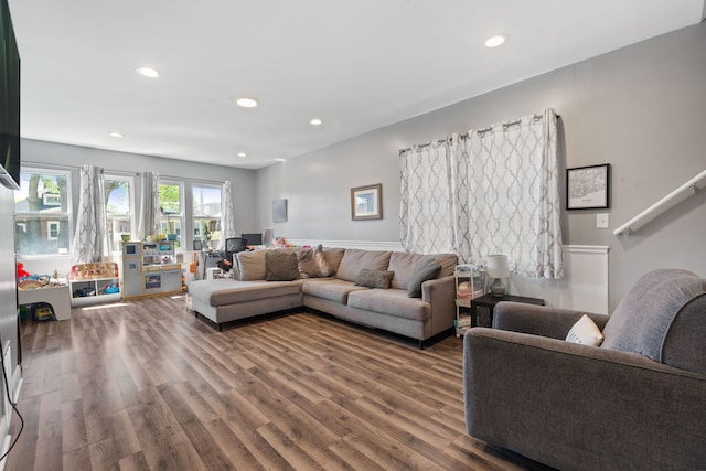 living area featuring wood finished floors and recessed lighting