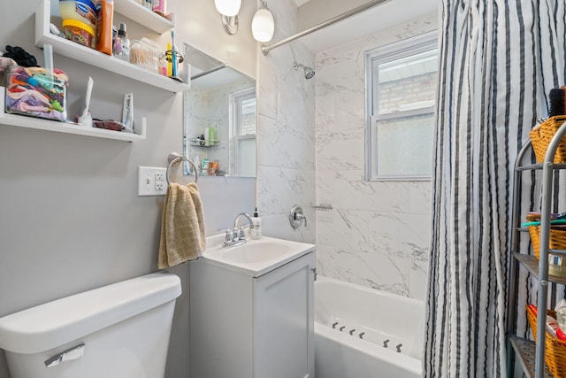 bathroom featuring shower / bath combo, toilet, and vanity