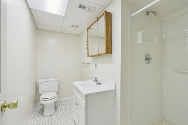 full bath with walk in shower, toilet, visible vents, and tile patterned flooring