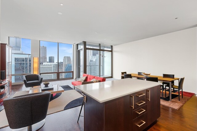 65 E Monroe St Unit 4315, Chicago, IL 60603 - kitchen with dark wood-style floors, open floor plan, a center island, and light countertops
