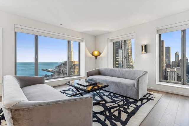 living room with a city view, a water view, and wood finished floors