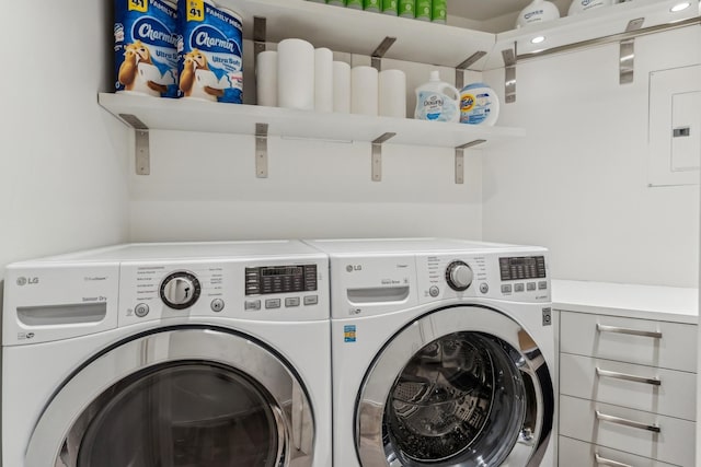 clothes washing area featuring electric panel, independent washer and dryer, and laundry area