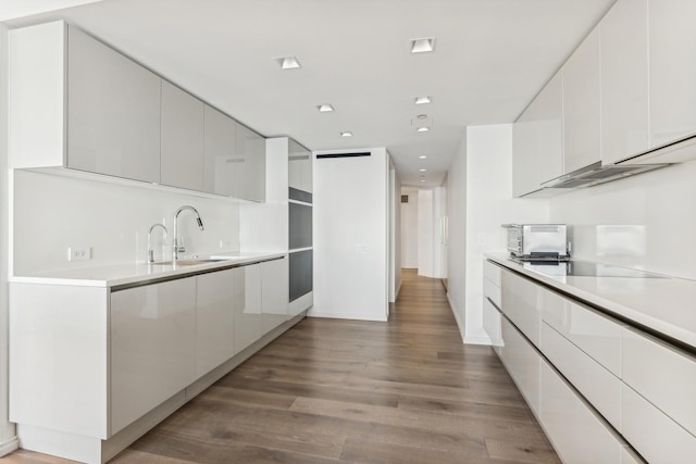 kitchen featuring white cabinetry, modern cabinets, a sink, and light wood finished floors
