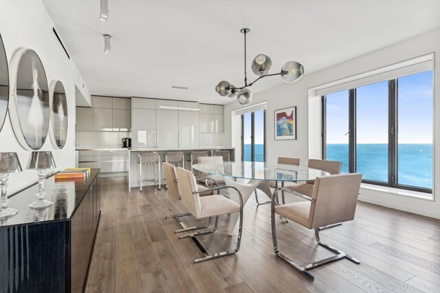 dining area with a water view, a wealth of natural light, a notable chandelier, and wood-type flooring