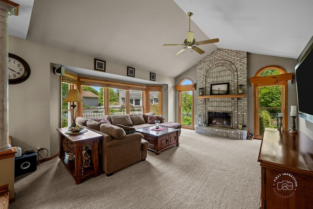 2527 Ryan Ct, Naperville, IL 60564 - living room featuring ceiling fan, carpet floors, healthy amount of natural light, and high vaulted ceiling