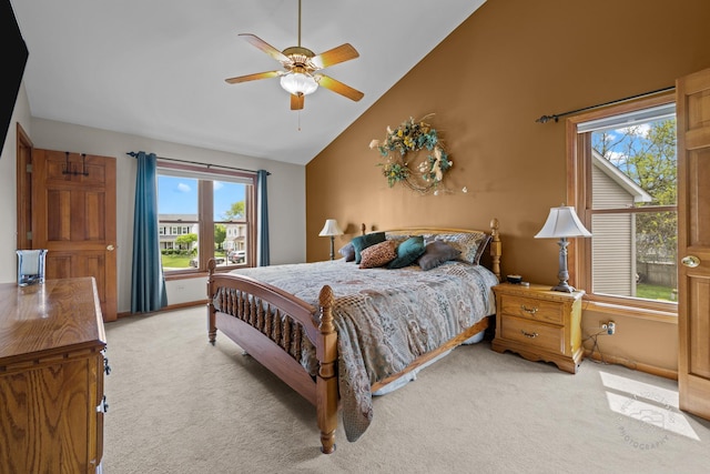 2527 Ryan Ct, Naperville, IL 60564 - bedroom featuring light carpet, high vaulted ceiling, ceiling fan, and baseboards