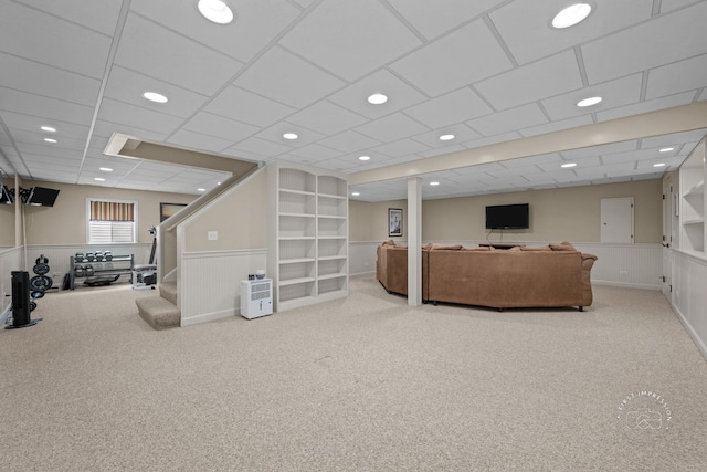 2527 Ryan Ct, Naperville, IL 60564 - living room with carpet, wainscoting, and stairway
