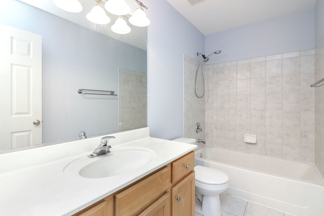 full bath with vanity, toilet, shower / tub combination, tile patterned floors, and a chandelier