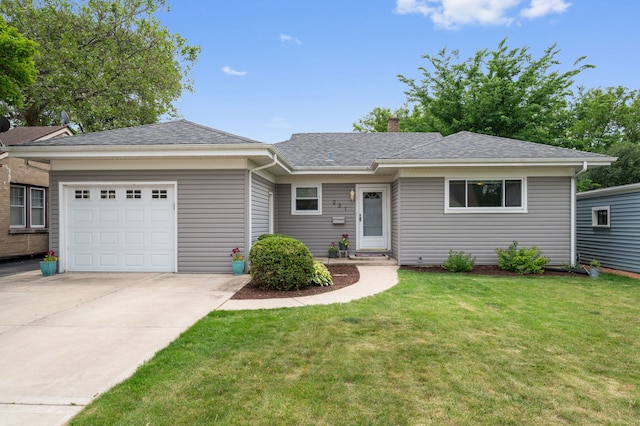 231 W Hickory Rd, Lombard, IL 60148 - single story home featuring an attached garage, concrete driveway, a front lawn, a chimney, and a shingled roof
