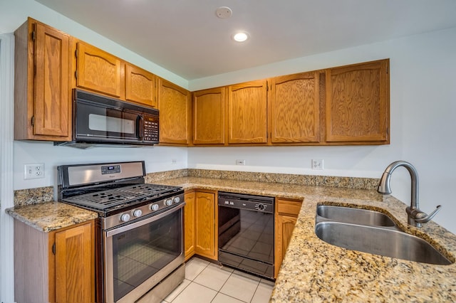 3924 Garnette Ct, Naperville, IL 60564 - kitchen with brown cabinetry, black appliances, recessed lighting, light tile patterned flooring, and a sink