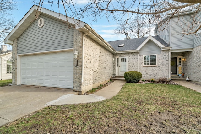 ranch-style house with brick siding, a front yard, concrete driveway, and a garage
