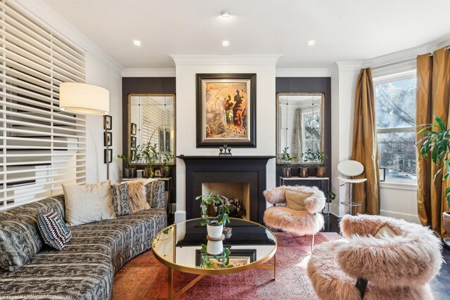 844 W Webster Ave, Chicago, IL 60614 - living room featuring baseboards, a fireplace, recessed lighting, and ornamental molding