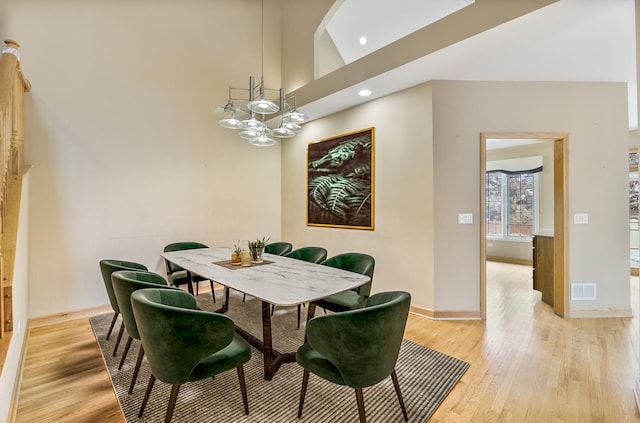4517 S Seminole Dr, Glenview, IL 60026 - dining space with visible vents, an inviting chandelier, baseboards, recessed lighting, and light wood-style flooring