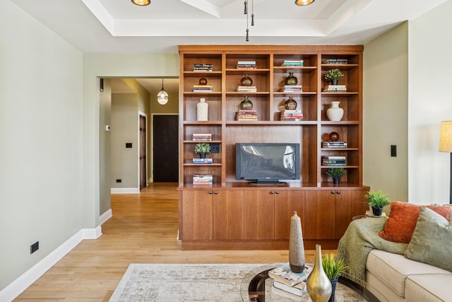 living area with baseboards, light wood-style flooring, and a raised ceiling