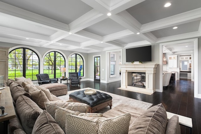 1017 Royal Bombay Ct, Naperville, IL 60563 - living area with baseboards, beamed ceiling, dark wood finished floors, and a fireplace
