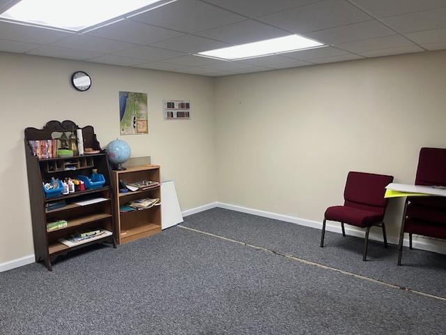 living area featuring baseboards, a drop ceiling, and carpet