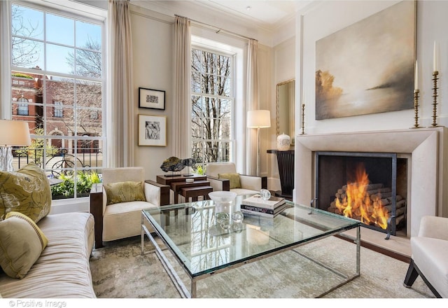 1853 N Burling St, Chicago, IL 60614 - living room with ornamental molding and a lit fireplace