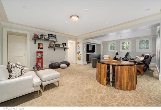 1853 N Burling St, Chicago, IL 60614 - living room with light carpet, crown molding, baseboards, and recessed lighting