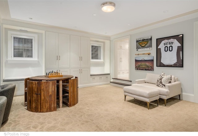 1853 N Burling St, Chicago, IL 60614 - living area featuring light carpet and ornamental molding