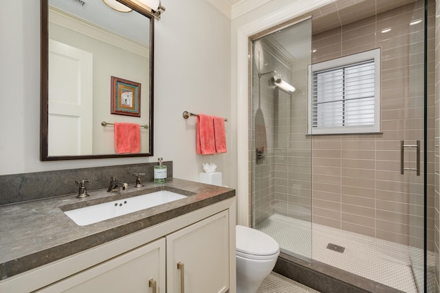 1853 N Burling St, Chicago, IL 60614 - bathroom featuring vanity, toilet, a stall shower, and crown molding
