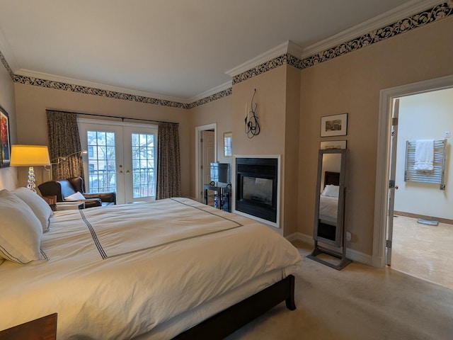 bedroom featuring crown molding, a multi sided fireplace, access to exterior, french doors, and baseboards