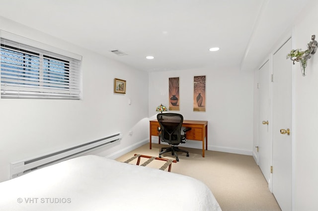 bedroom with light colored carpet, visible vents, recessed lighting, baseboard heating, and baseboards