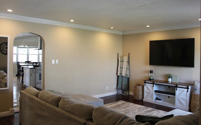 living area featuring a textured ceiling, baseboards, ornamental molding, dark wood finished floors, and arched walkways
