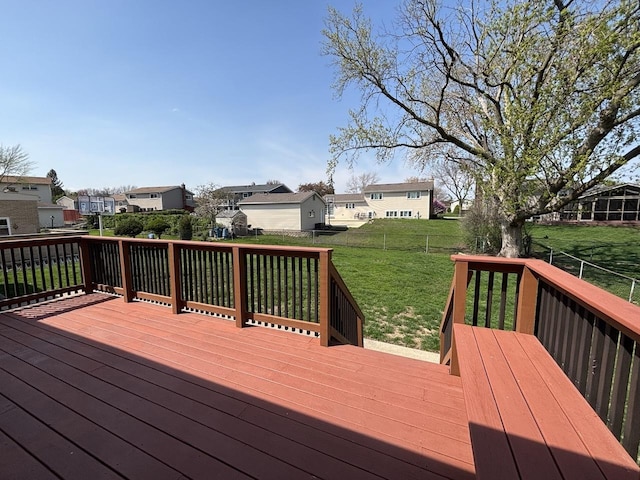 wooden terrace with a fenced backyard, a residential view, and a lawn