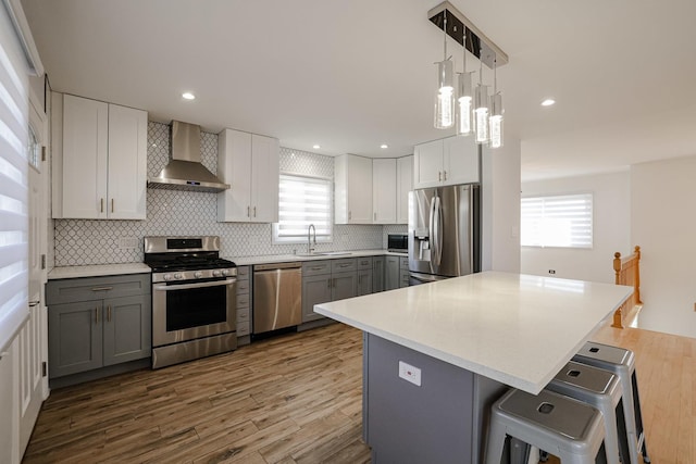 kitchen with a sink, wood finished floors, stainless steel appliances, and wall chimney exhaust hood