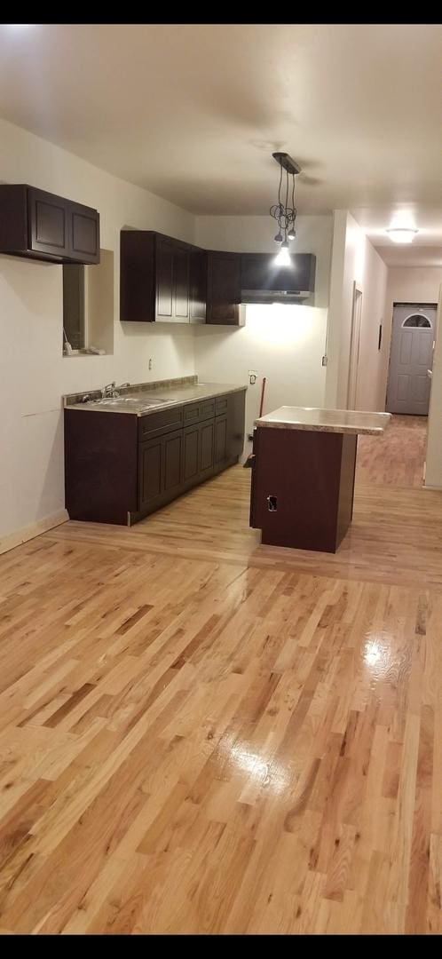 kitchen with light wood-style flooring, a sink, dark brown cabinets, and hanging light fixtures