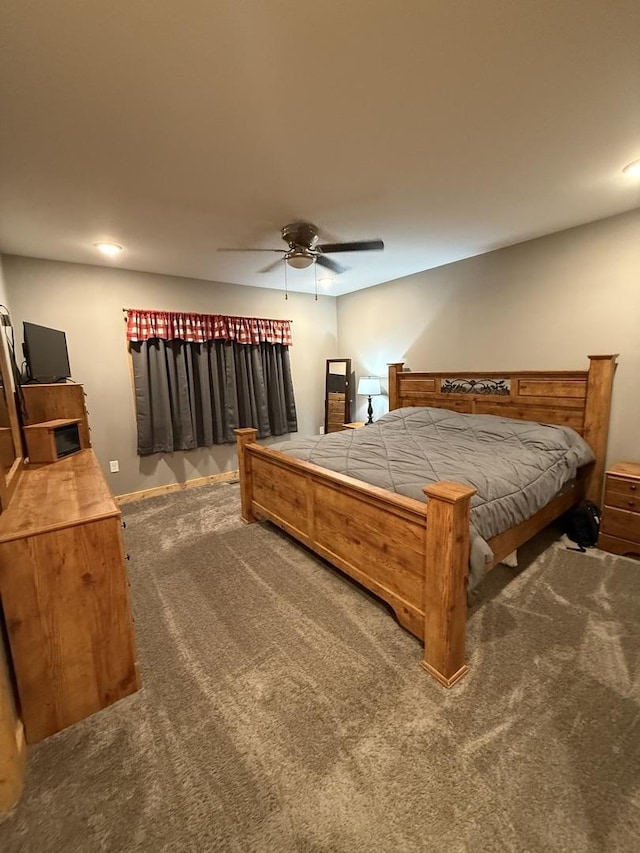 bedroom with carpet floors, baseboards, recessed lighting, and ceiling fan