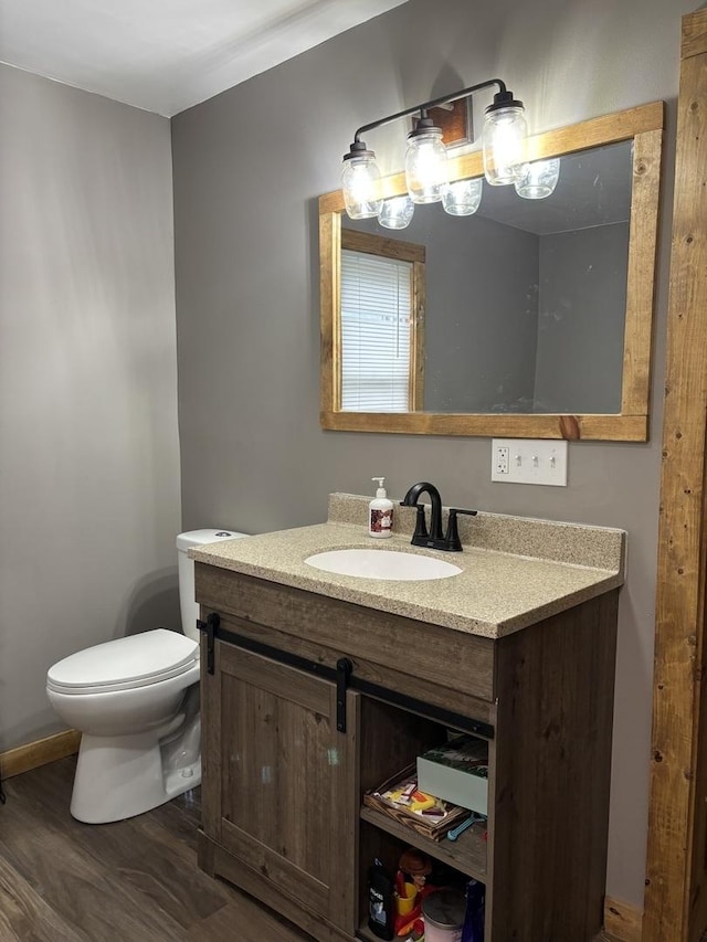 bathroom featuring toilet, vanity, and wood finished floors