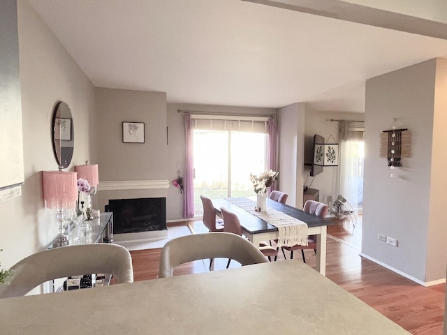 650 Cress Creek Ln, Crystal Lake, IL 60014 - dining space featuring wood finished floors, a fireplace with raised hearth, and baseboards