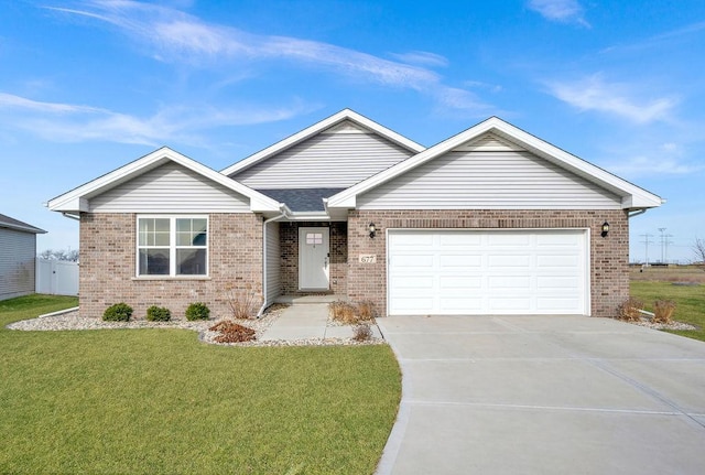 ranch-style house featuring brick siding, a front yard, driveway, and a garage