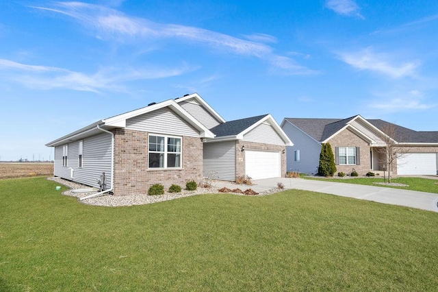 ranch-style house featuring driveway, brick siding, a front lawn, and an attached garage